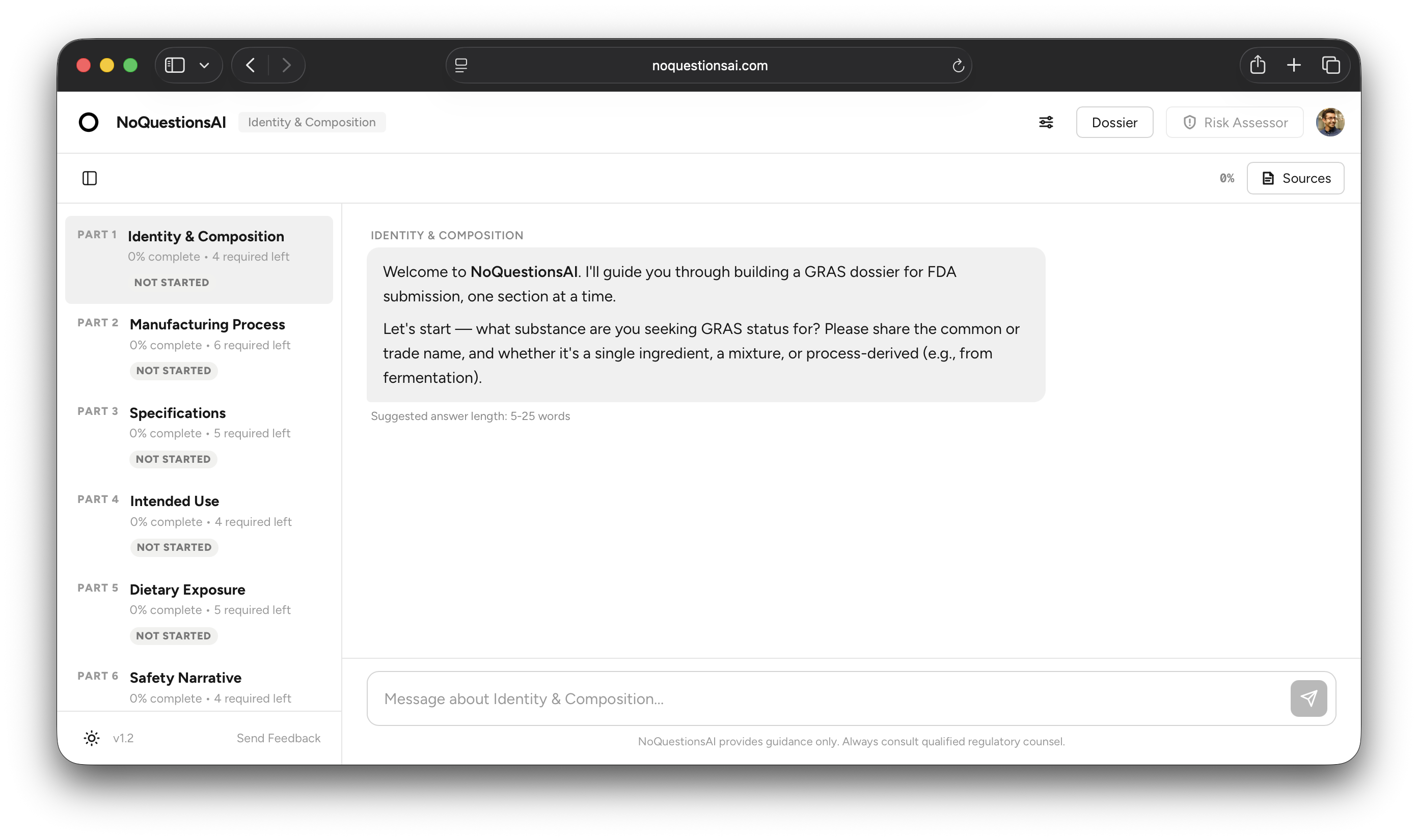 Stripped-down NoQuestionsAI dossier interface created after feedback on the AI-generated MVP